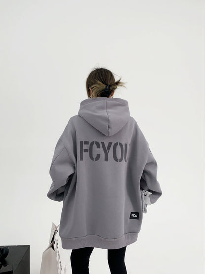 重厚フリース オーバーサイズ 裏起毛フーディ（植毛プリント）（AVN058）