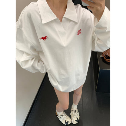 美式Vネック 刺繍入り コットン長袖Tシャツ（オーバーサイズ）（AVN072）