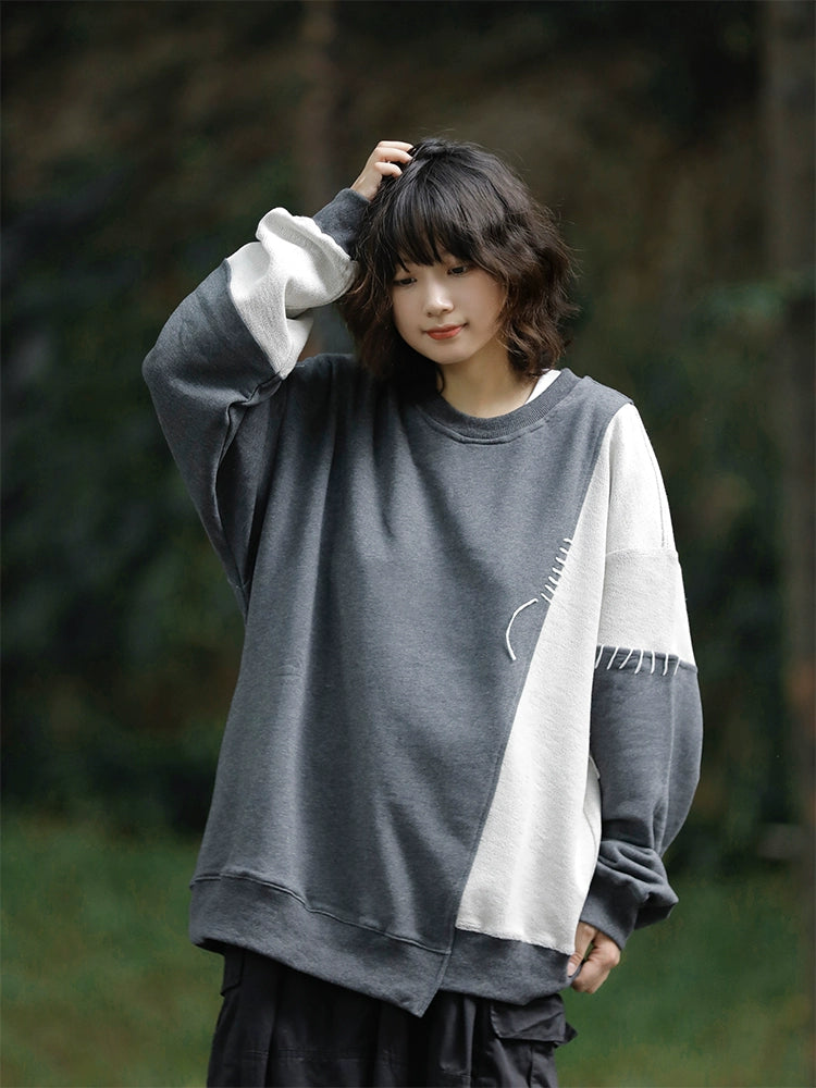 バイカラー配色スウェット｜左右非対称デザイン（HU111）