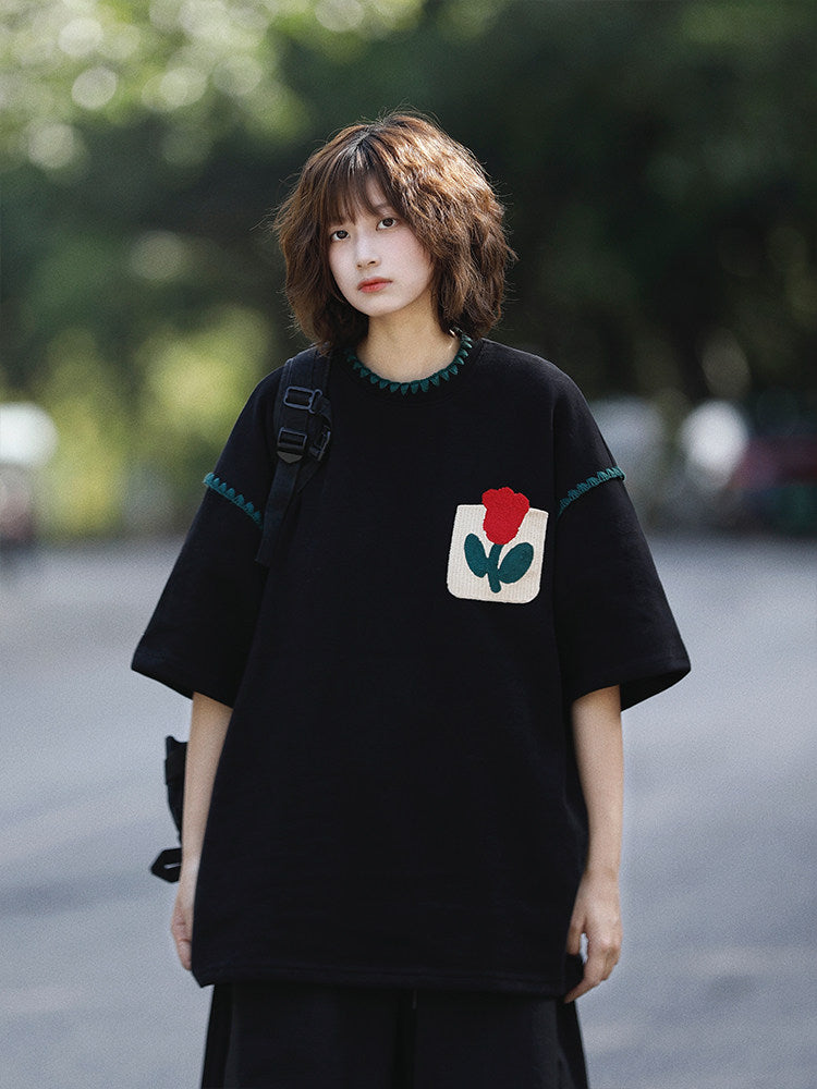 日系レトロ花柄パッチポケット半袖Tシャツ（CZ405）