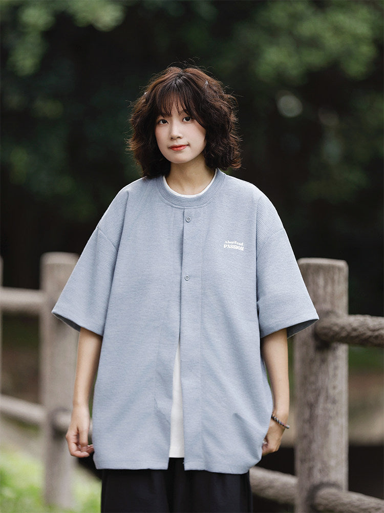 日系ワッフル生地レイヤード風刺繍Tシャツ（CZ406）