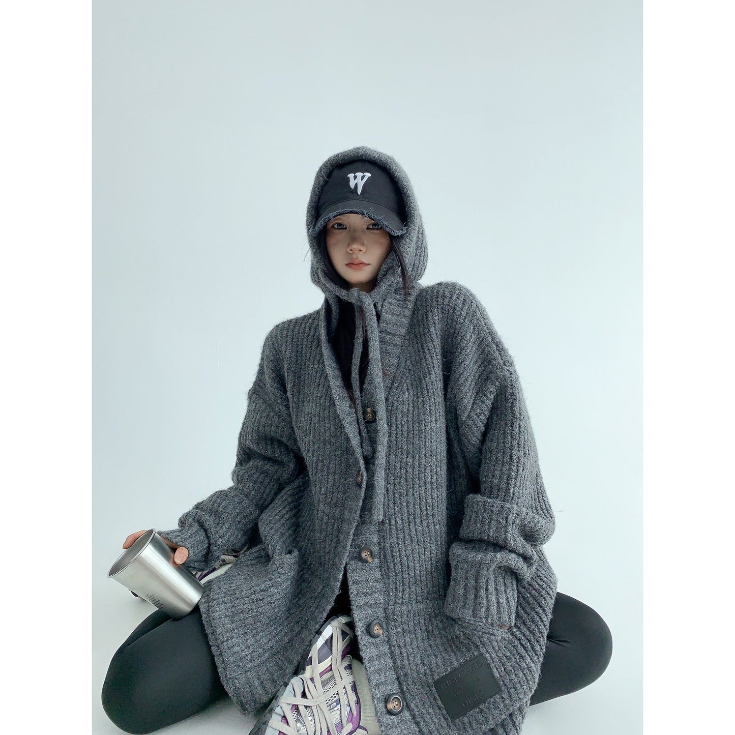 重工粗編み 加厚 フード付き ニットカーディガン（AVN071）