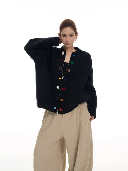カラーボタン ラウンドネック ニットカーディガン（CZ384）