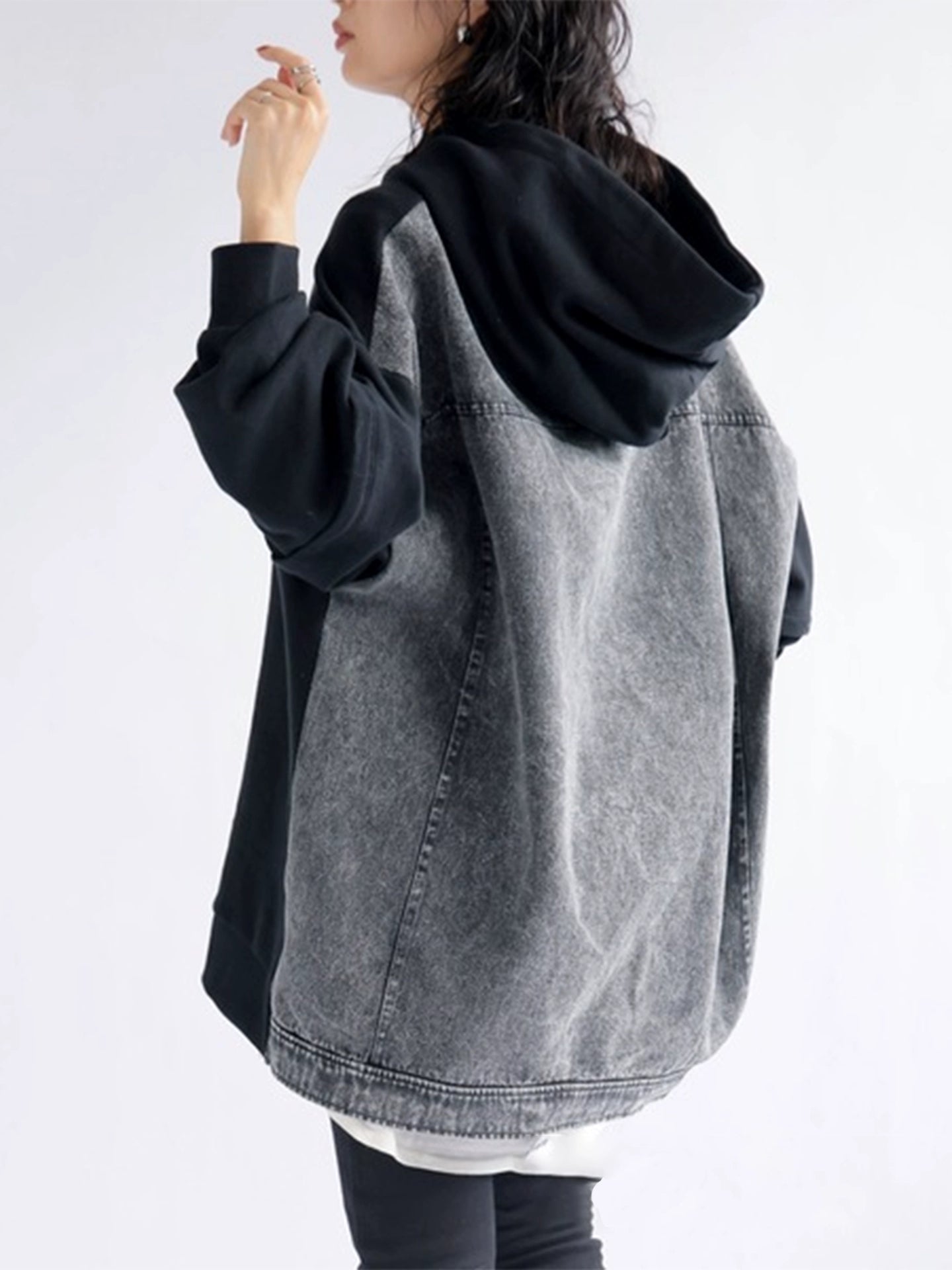 デニム切替パーカー｜ルーズデザインフーディー（HU110）