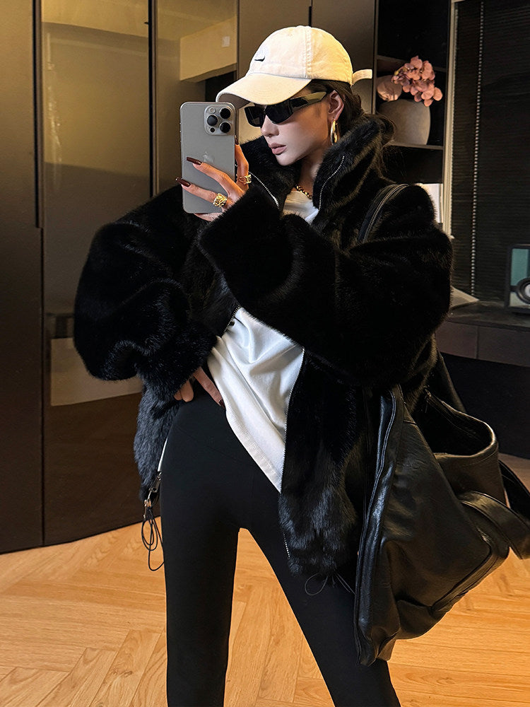 ムートン調皮毛一体 破裂麂皮風 ドローストリング ボアブルゾン（AVN077）