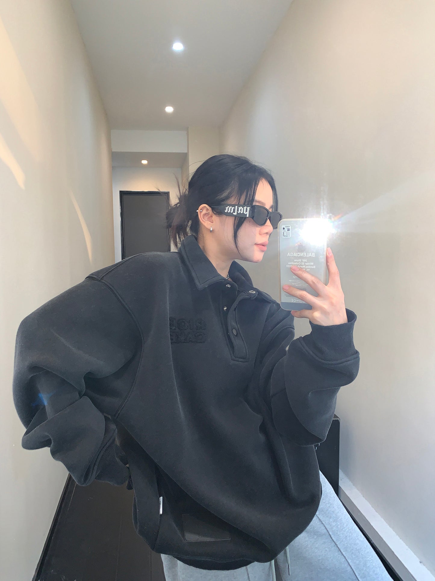 廃材風ヴィンテージ刺繍 裏起毛ポロ襟スウェット（600g）（AVN046）