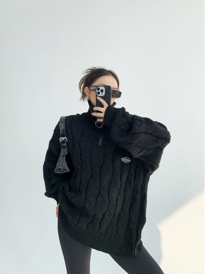 立ち襟ハーフジップ 加厚ニットプルオーバー（AVN074）