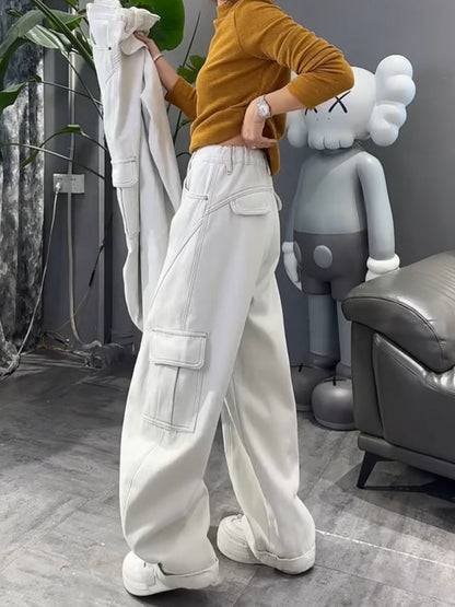 裏起毛ライトグレー多ポケット工装ワイドデニム（AVN014）