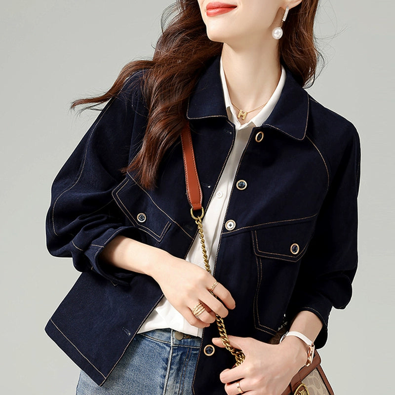 中綿入りショートデニムジャケット｜カジュアル 保温アウター（HU298）