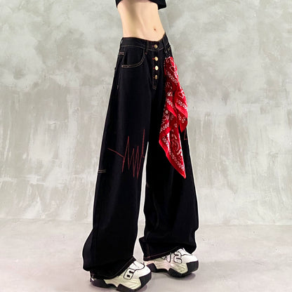 ステッチデザインレッドバンダナ付きワイドデニム(CZ328)