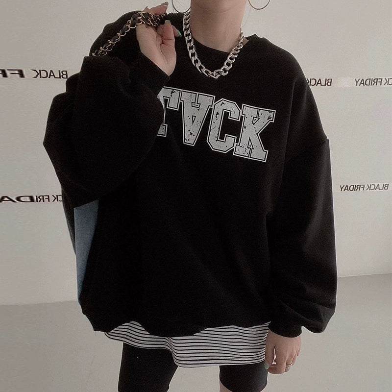 デニム切替ロゴスウェット｜オーバーサイズトレーナー（HU071）