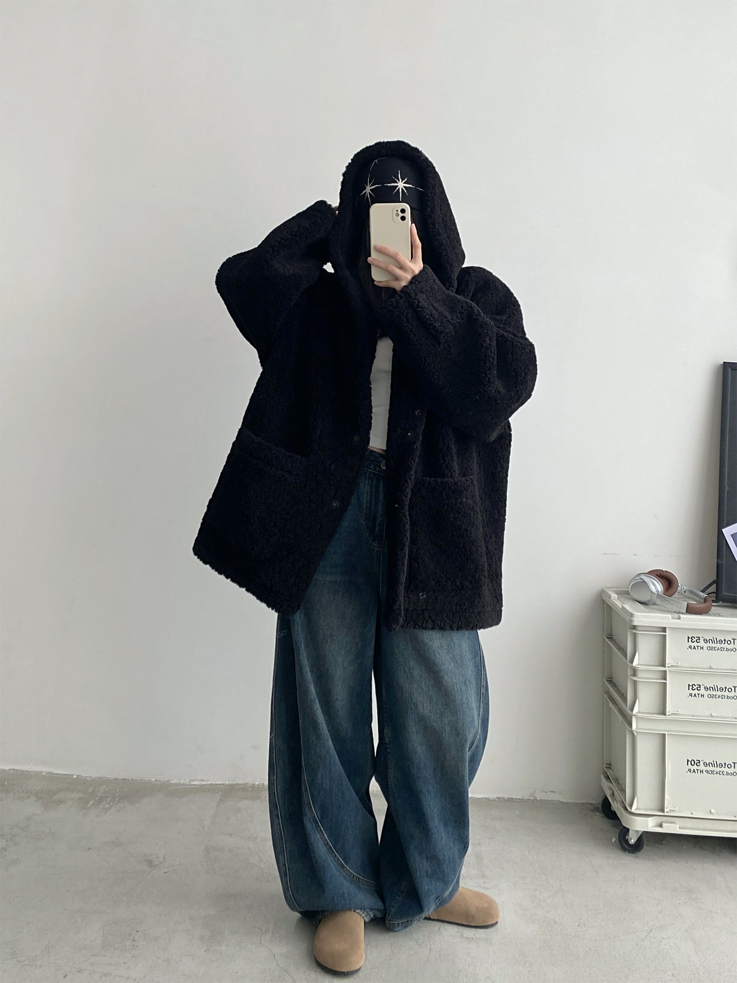 白色 連帽 エコファー 皮毛一体 加厚 フード付きコート（AVN041）