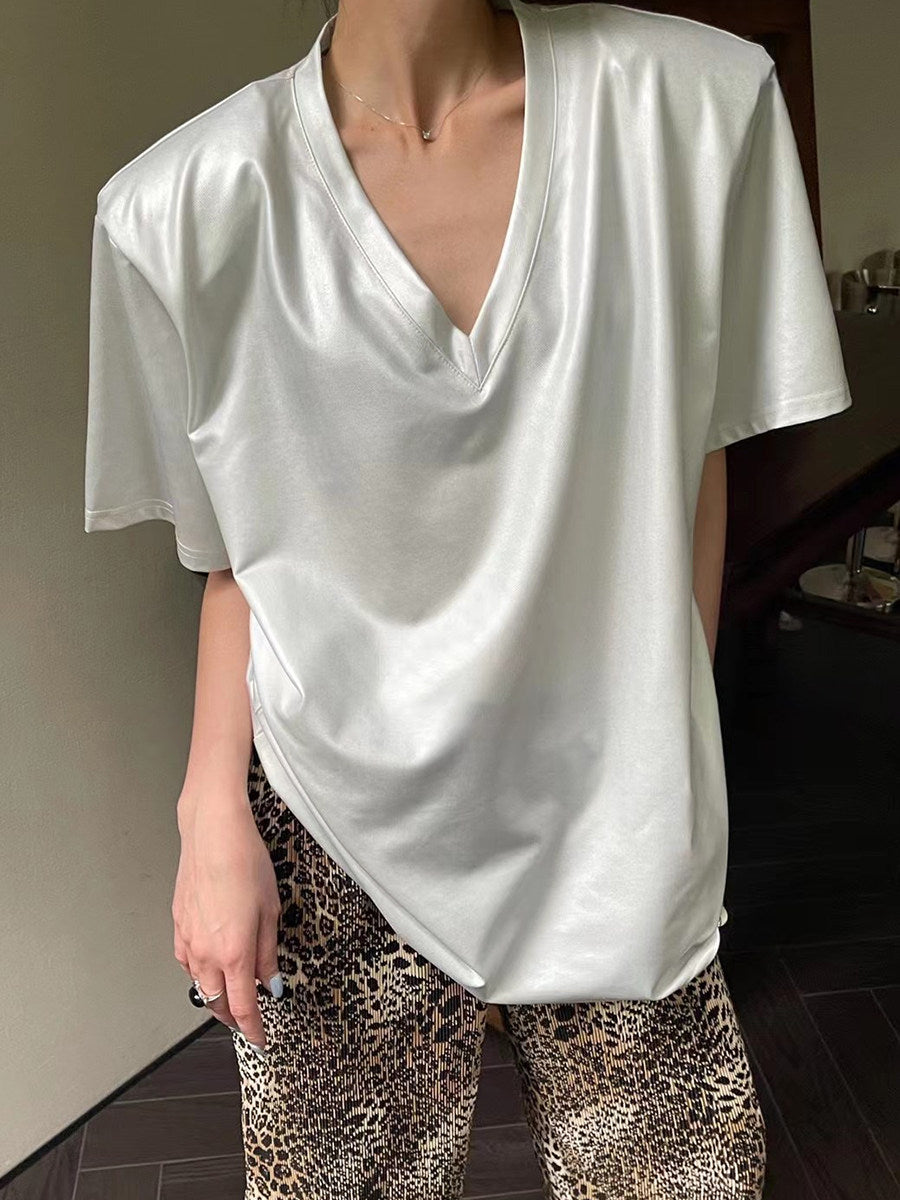 MVネック垂れ艶ショルダーパッド半袖Tシャツ（AVN020）