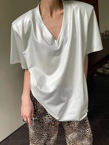 MVネック垂れ艶ショルダーパッド半袖Tシャツ（AVN020）