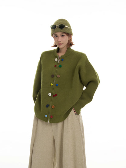 カラーボタン ラウンドネック ニットカーディガン（CZ384）