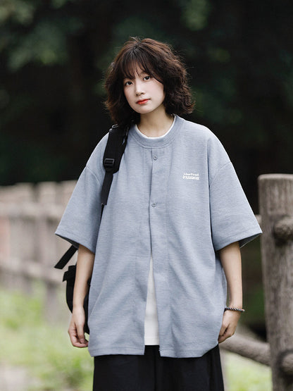 日系ワッフル生地レイヤード風刺繍Tシャツ（CZ406）