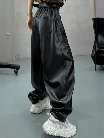 ブラック裏起毛ワイドPUレザーパンツ（AVN015）