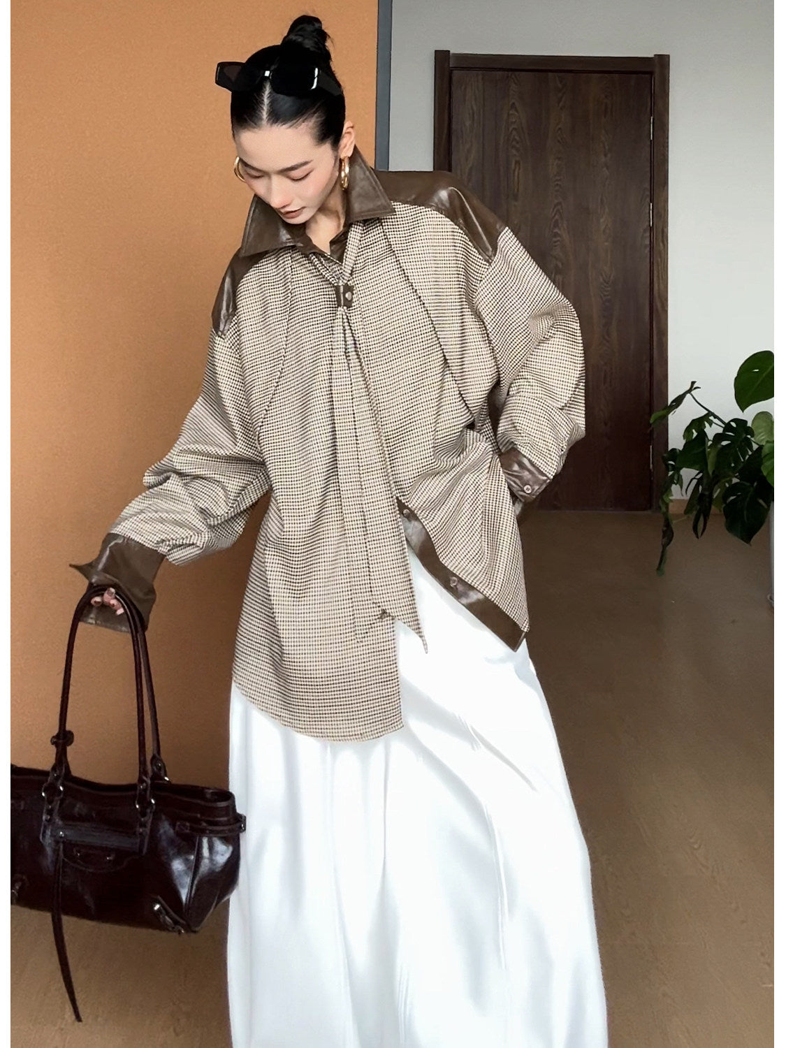 メラード配色×レザー切替 千鳥格チェック タイデザインシャツ（AVN026）