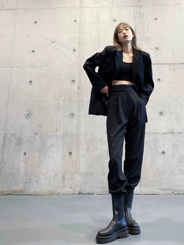 スーツパンツ風 黒 ワイドジョガー(HU297)