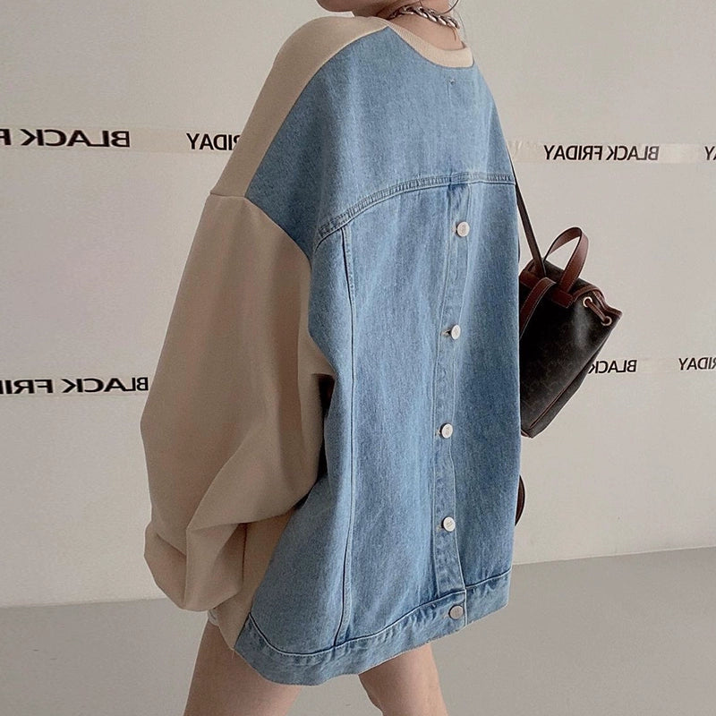 デニム切替ロゴスウェット｜オーバーサイズトレーナー（HU071）