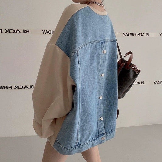 デニム切替ロゴスウェット｜オーバーサイズトレーナー（HU071）