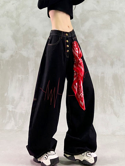 ステッチデザインレッドバンダナ付きワイドデニム(CZ328)