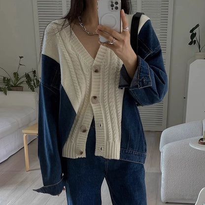 デニムニットカーディガン｜ミックスのレイヤード風デザイン（HU930）
