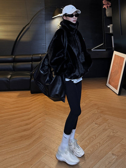 ムートン調皮毛一体 破裂麂皮風 ドローストリング ボアブルゾン（AVN077）