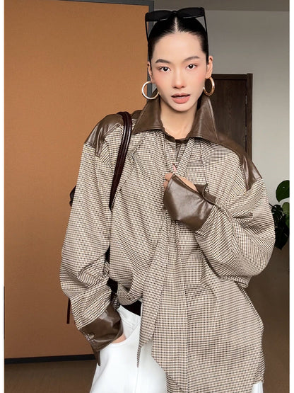 メラード配色×レザー切替 千鳥格チェック タイデザインシャツ（AVN026）