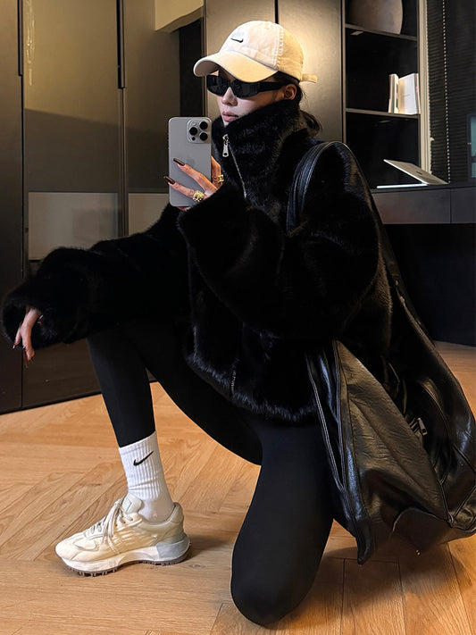 ムートン調皮毛一体 破裂麂皮風 ドローストリング ボアブルゾン（AVN077）