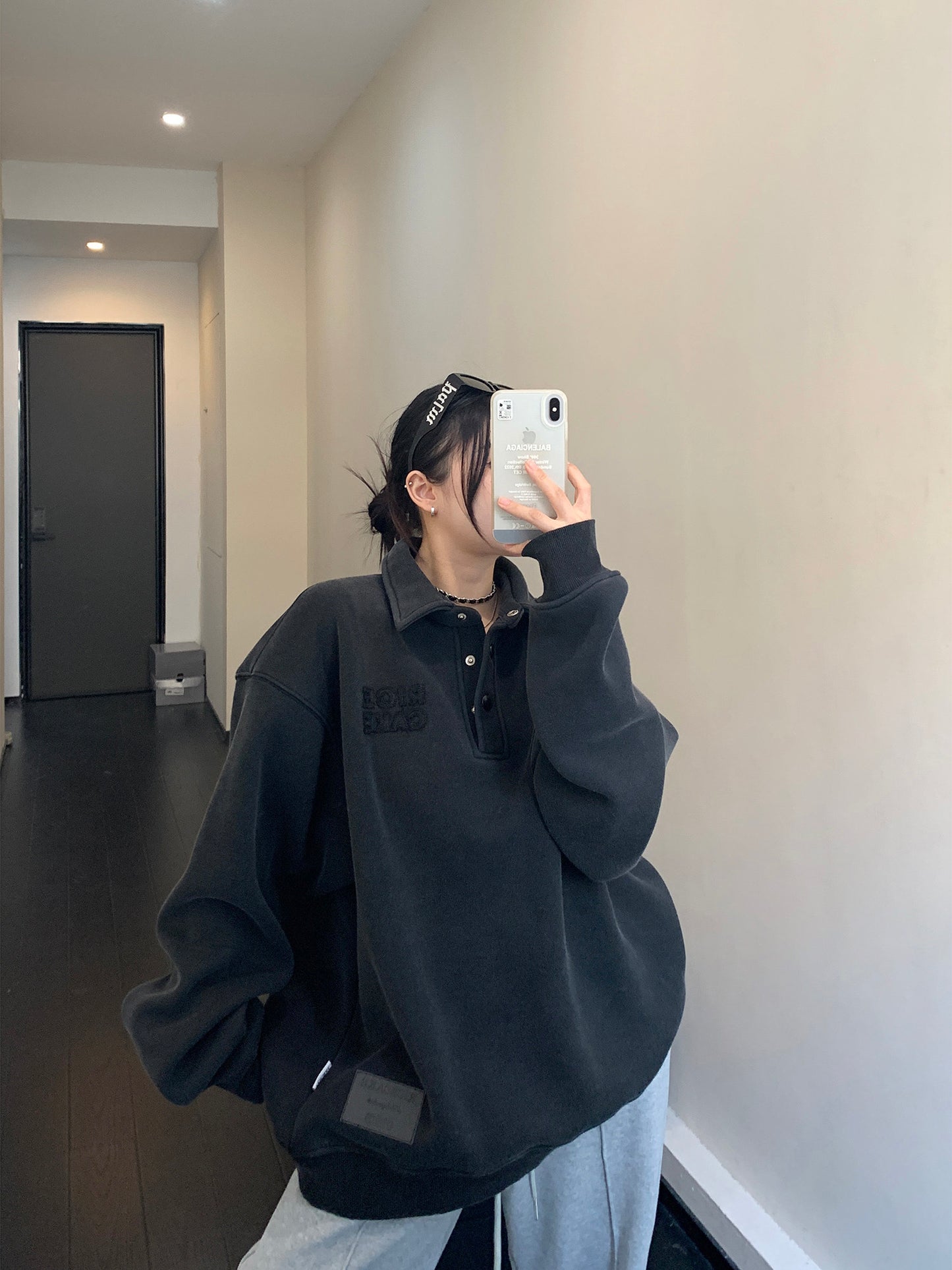 廃材風ヴィンテージ刺繍 裏起毛ポロ襟スウェット（600g）（AVN046）