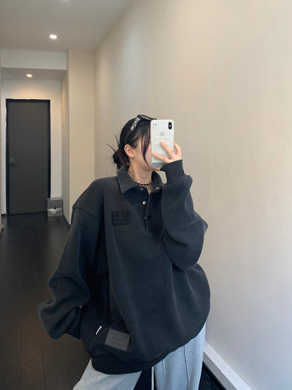 廃材風ヴィンテージ刺繍 裏起毛ポロ襟スウェット（600g）（AVN046）