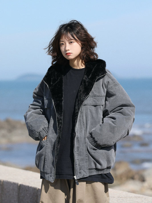 ヴィンテージ風ゆるボア襟フード中綿アウター（MF944）