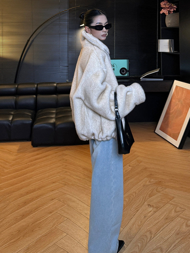 ムートン調皮毛一体 破裂麂皮風 ドローストリング ボアブルゾン（AVN077）