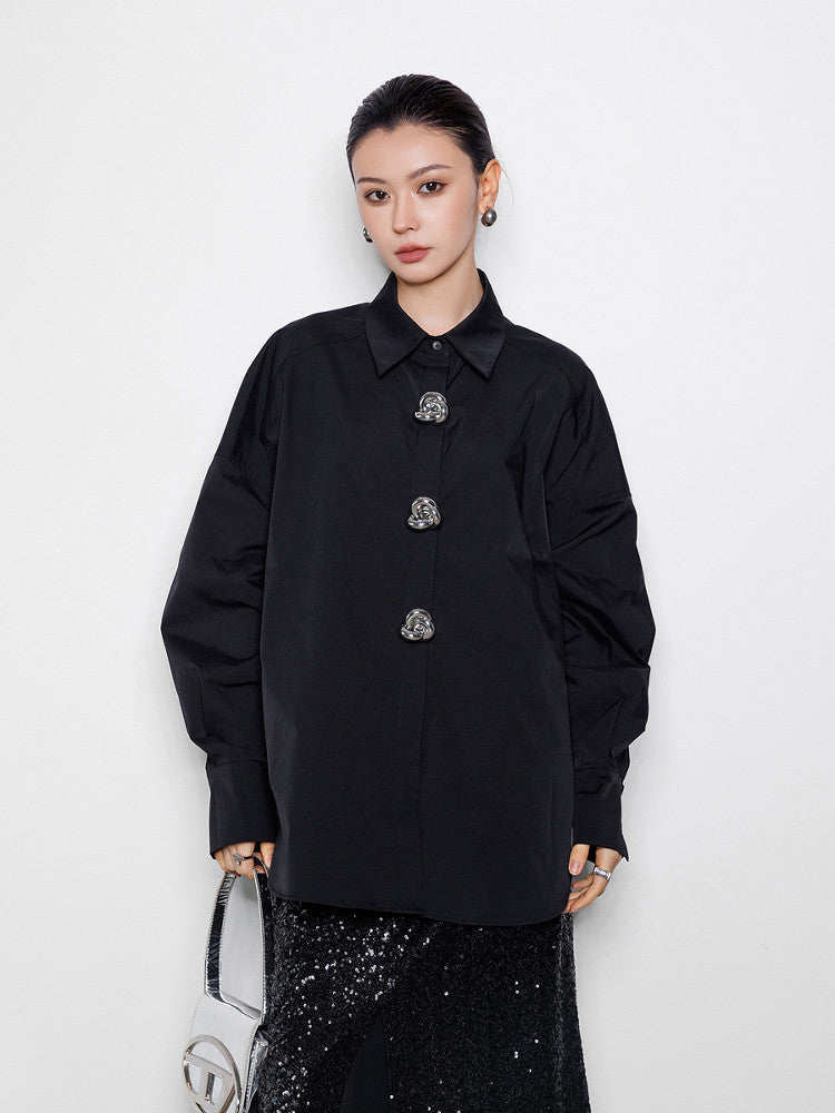 金属大ボタン 蝙蝠袖 オーバーサイズ 白シャツ（AVN030）