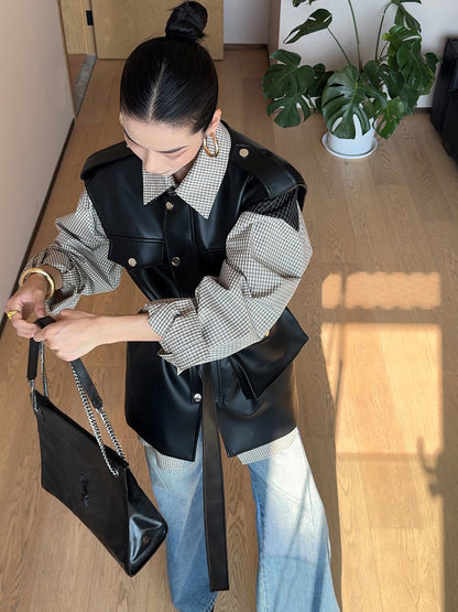 ウエストベルト付き フェイクレザー デザインベスト（AVN025）