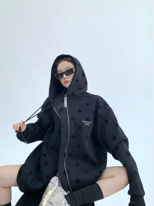 総柄フロッキープリント 裏起毛 オーバーサイズ フーディジャケット（AVN062）