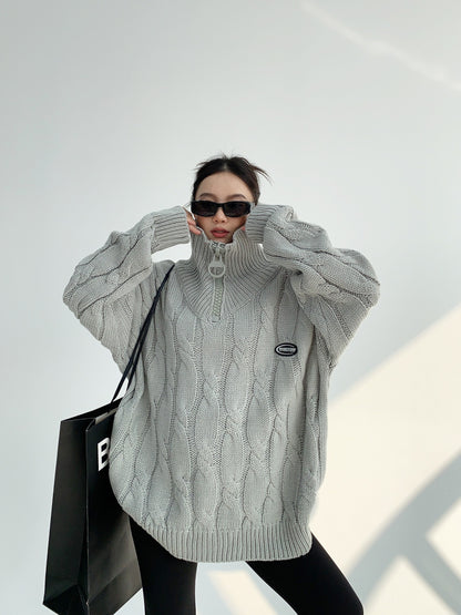 立ち襟ハーフジップ 加厚ニットプルオーバー（AVN074）