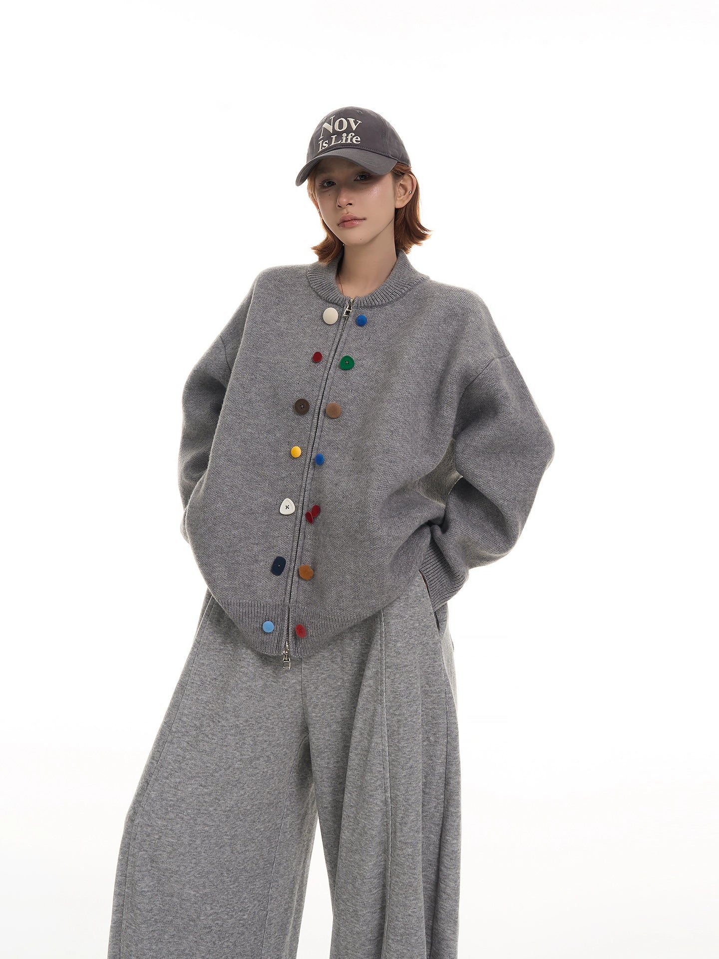 カラーボタン ラウンドネック ニットカーディガン（CZ384）