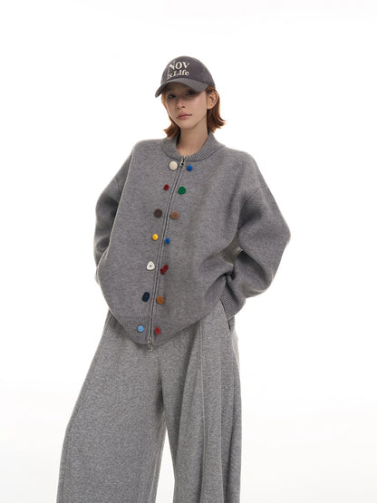 カラーボタン ラウンドネック ニットカーディガン（CZ384）