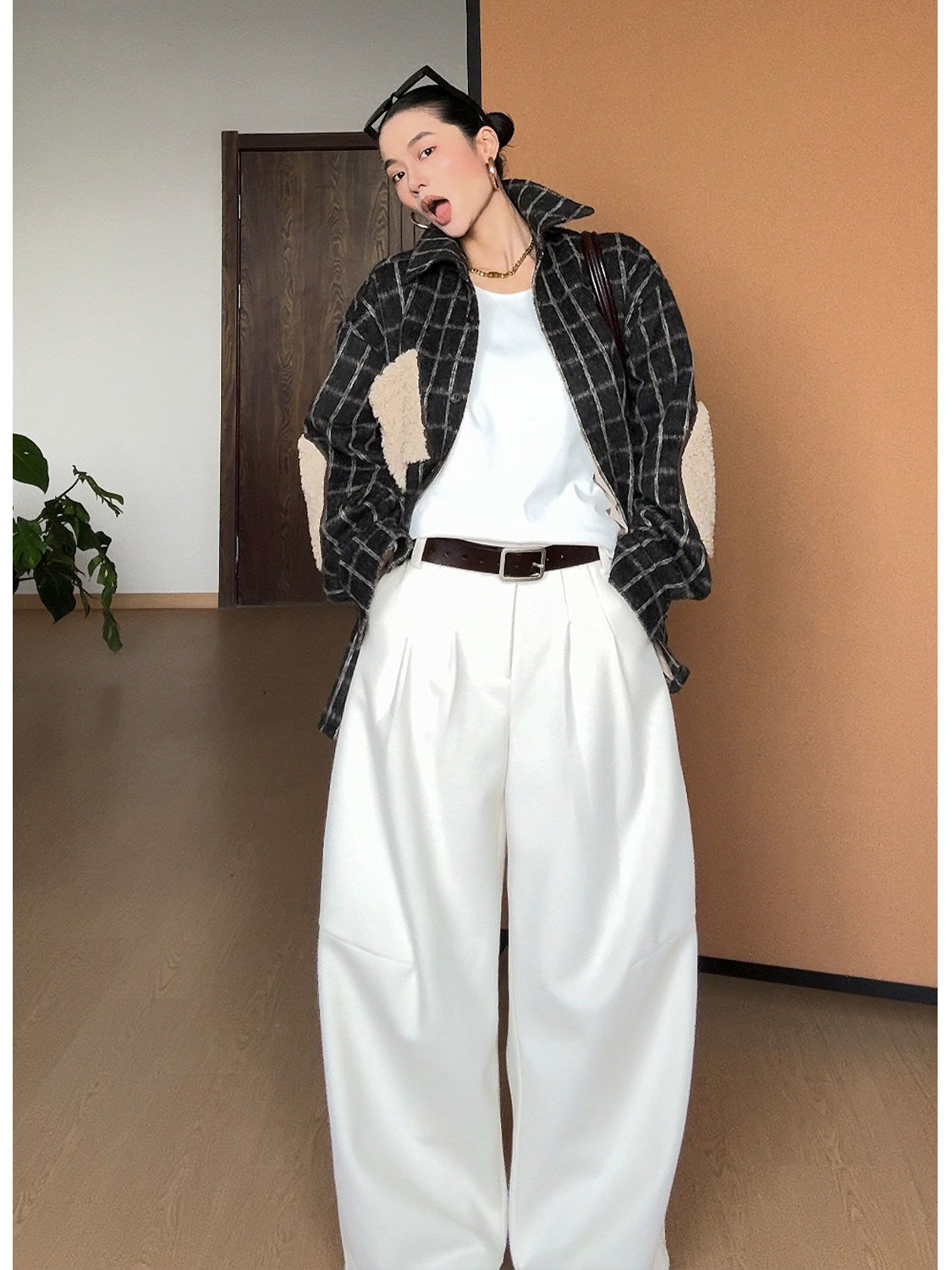 起毛チェック ボア裏地 ウールシャツジャケット（AVN028）