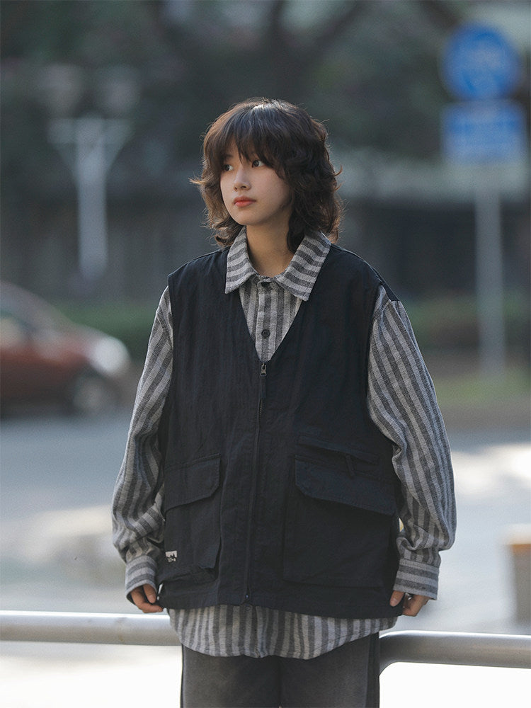 春秋日系ストライプ柄フェイクレイヤード・ワークベストシャツ（CZ404）