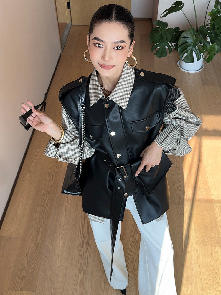 ウエストベルト付き フェイクレザー デザインベスト（AVN025）