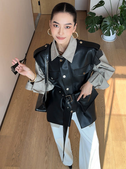 ウエストベルト付き フェイクレザー デザインベスト（AVN025）