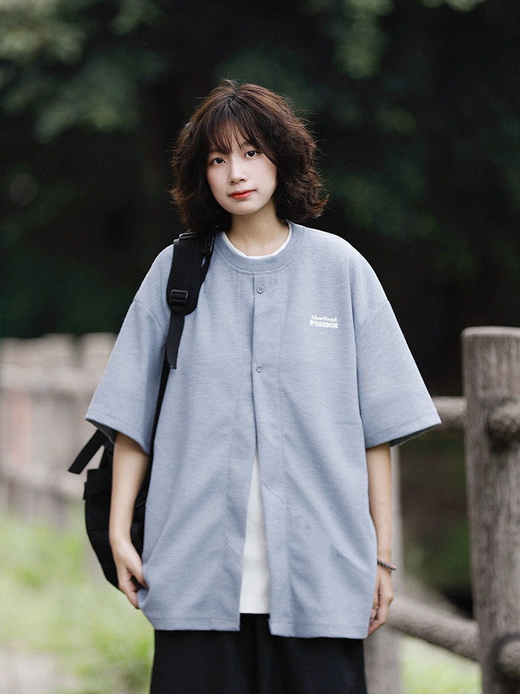 日系ワッフル生地レイヤード風刺繍Tシャツ（CZ406）