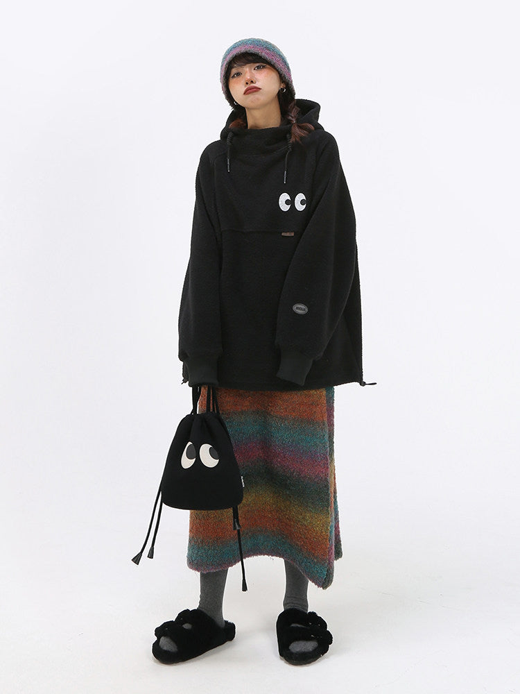 ワイドシルエット フリース裏起毛フーディ（ブラック）（AVN056）