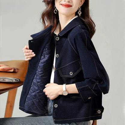 中綿入りショートデニムジャケット｜カジュアル 保温アウター（HU298）