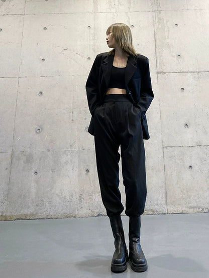 スーツパンツ風 黒 ワイドジョガー(HU297)