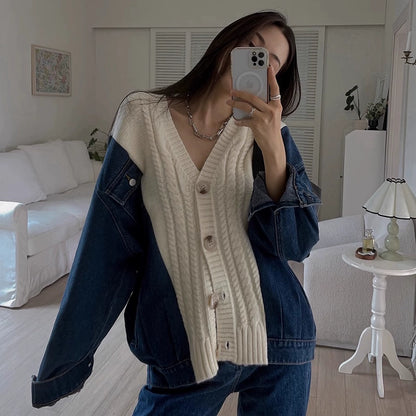 デニムニットカーディガン｜ミックスのレイヤード風デザイン（HU930）