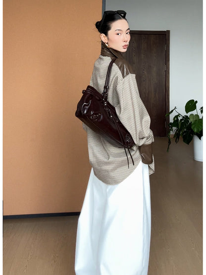 メラード配色×レザー切替 千鳥格チェック タイデザインシャツ（AVN026）